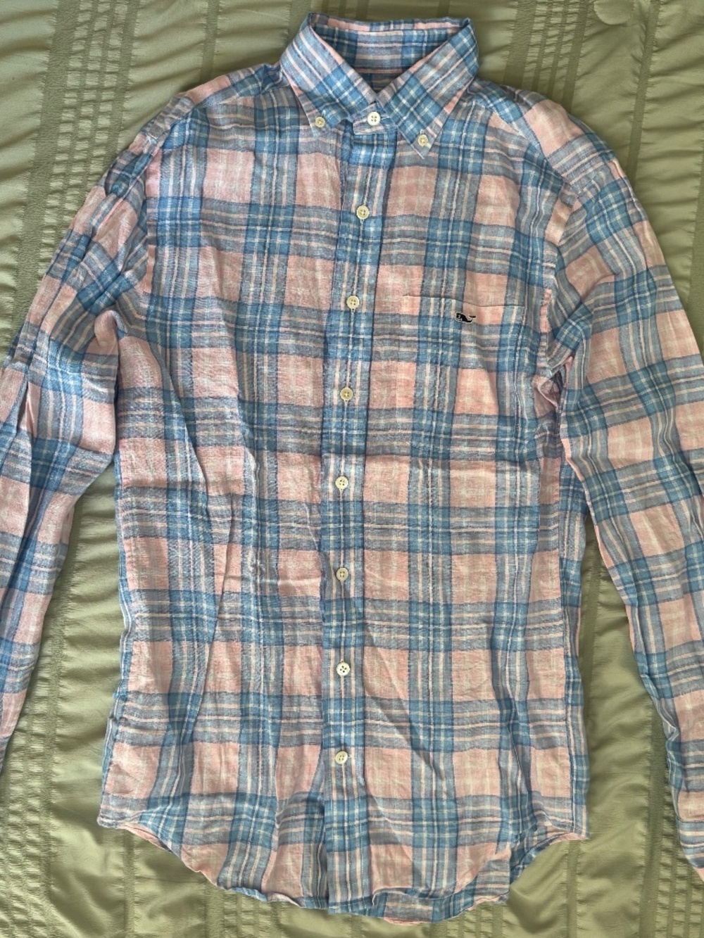 Vineyard Vines Boys Linen Button Down Shirt XS Blue Pink Plaid Classic Fit Tucke